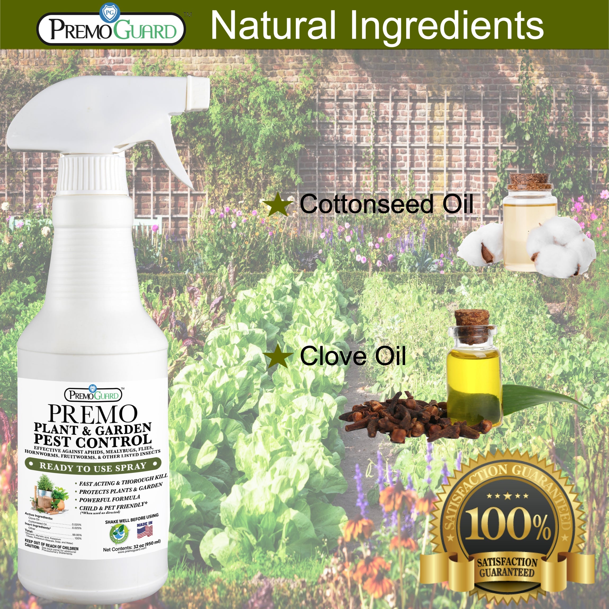 Plant and Garden Pest Control Spray - 32 oz | Plant Based Natural Non-Toxic | Premo Guard