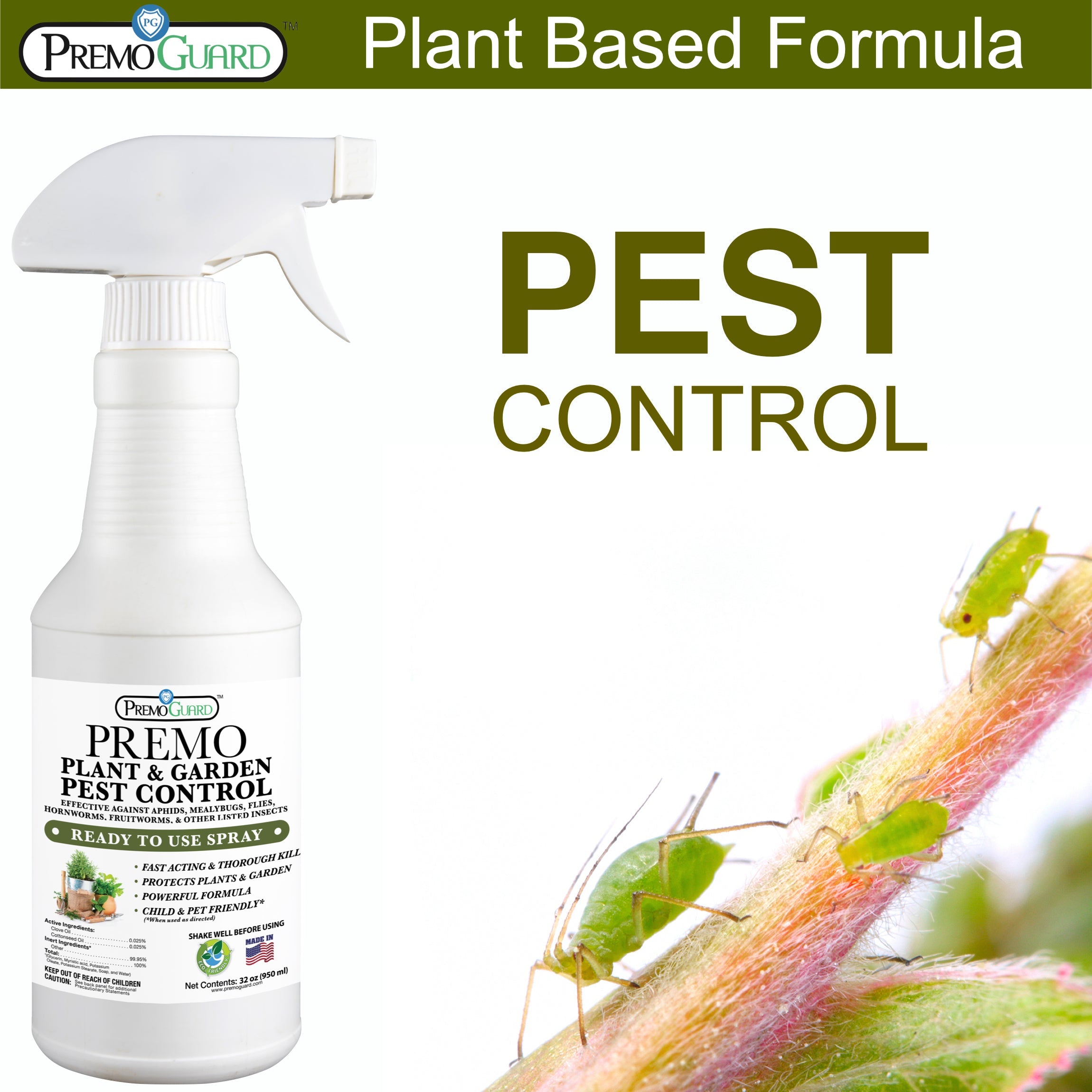 Plant and Garden Pest Control Spray - 32 oz | Plant Based Natural Non-Toxic | Premo Guard