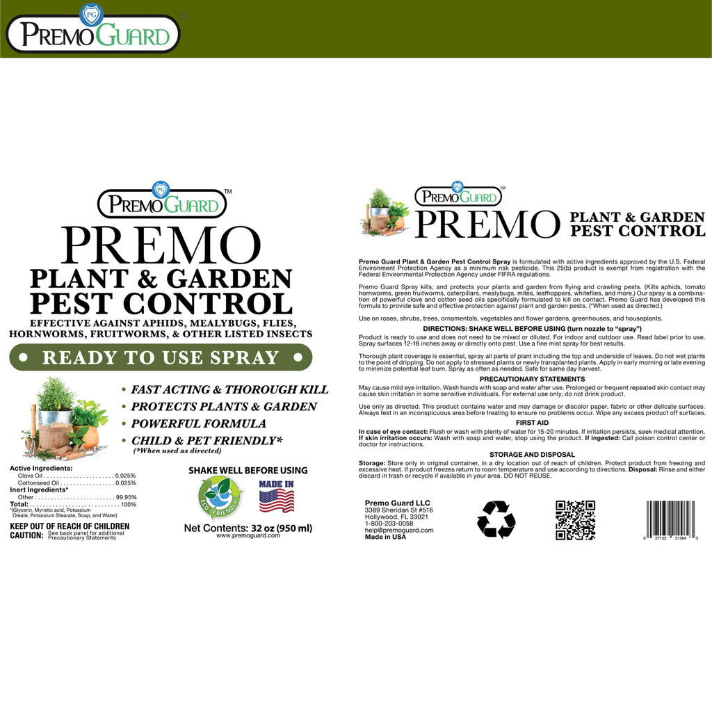 Plant and Garden Pest Control Spray - 32 oz | Plant Based Natural Non-Toxic | Premo Guard