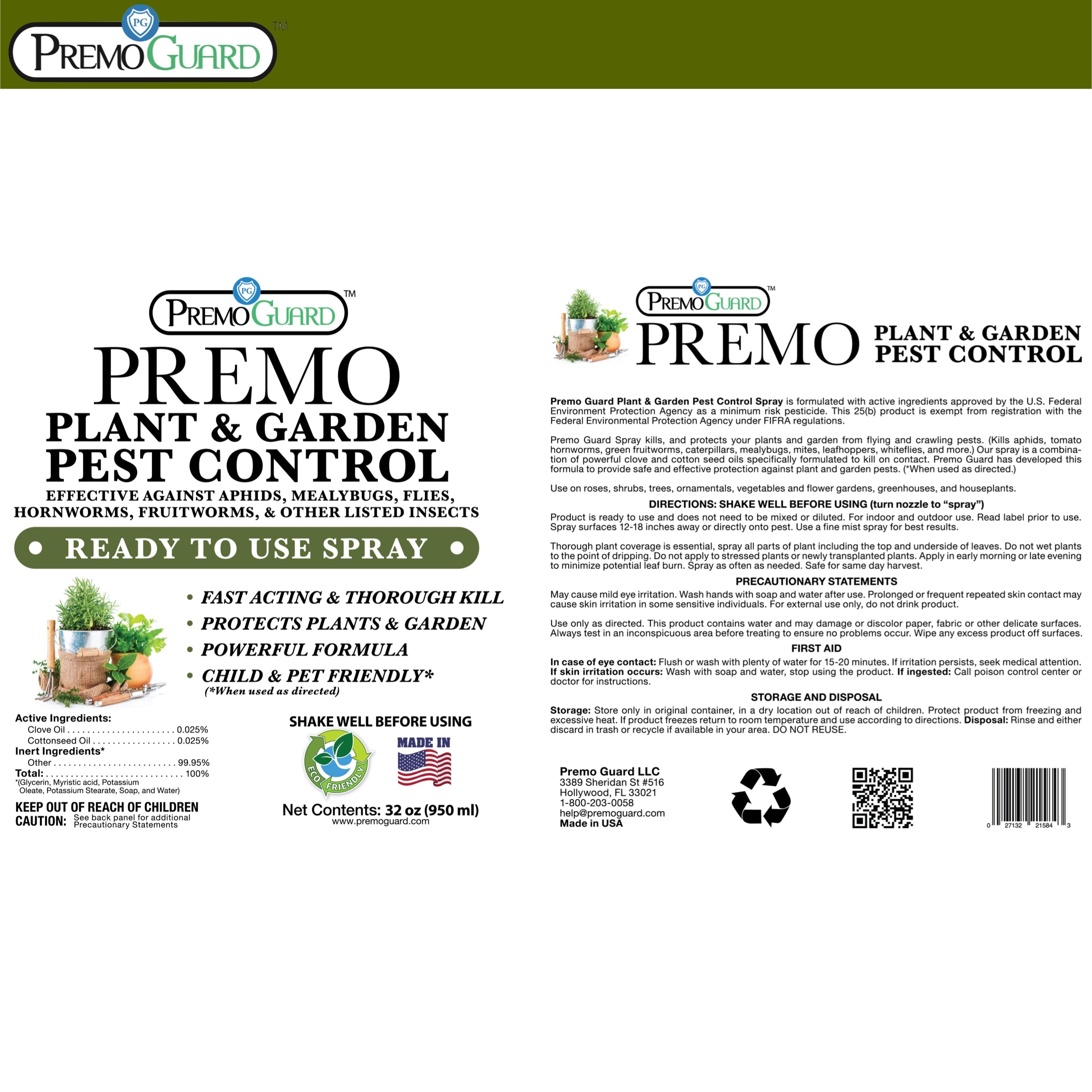 Plant and Garden Pest Control Spray - 32 oz | Plant Based Natural Non-Toxic | Premo Guard